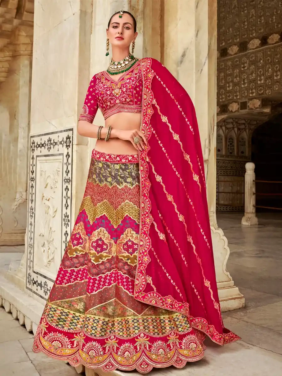 Mauve Silk Embroidered Wedding Bridal Heavy Border Lehenga Choli