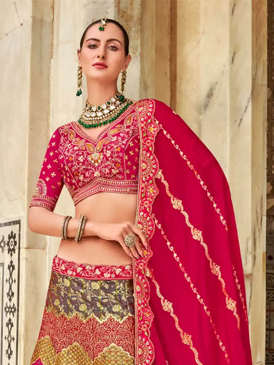 Mauve Silk Embroidered Wedding Bridal Heavy Border Lehenga Choli