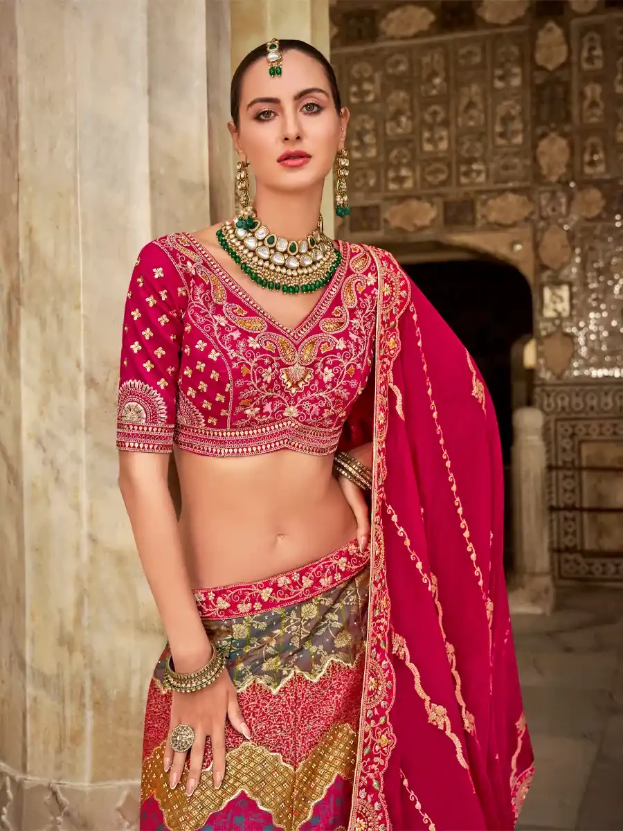 Mauve Silk Embroidered Wedding Bridal Heavy Border Lehenga Choli