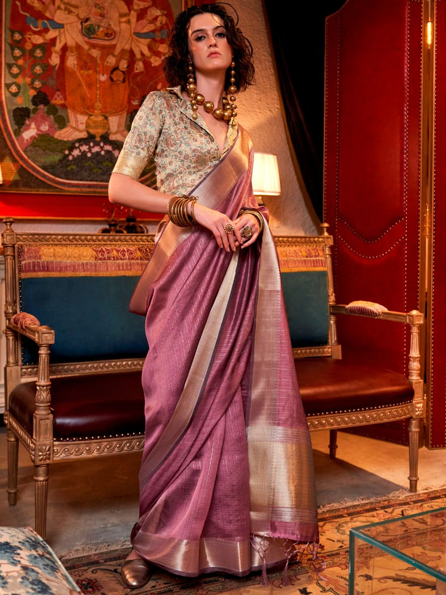 Mauve Silk Handwoven Festival Wedding Heavy Border Saree