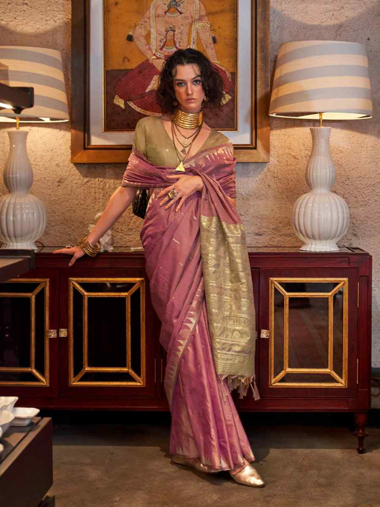 Mauve Tissue Silk Handwoven Festival Wedding Heavy Border Saree