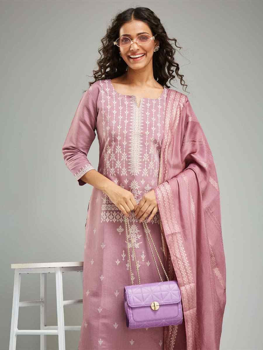 Mauve Viscose Chanderi Printed Festival Casual Ready Pant Salwar Kameez