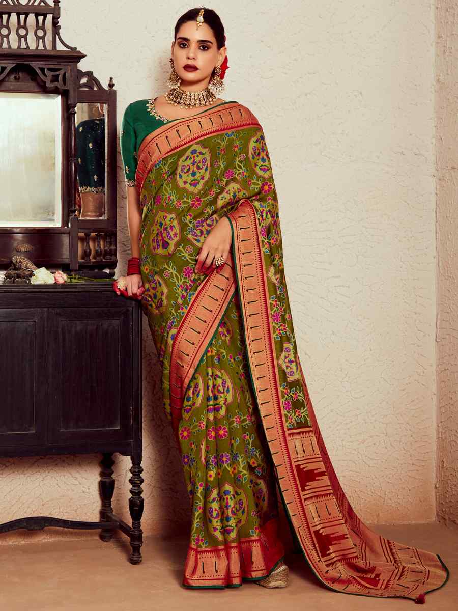 Mehandi Soft Brasso Embroidered Festival Wedding Heavy Border Saree