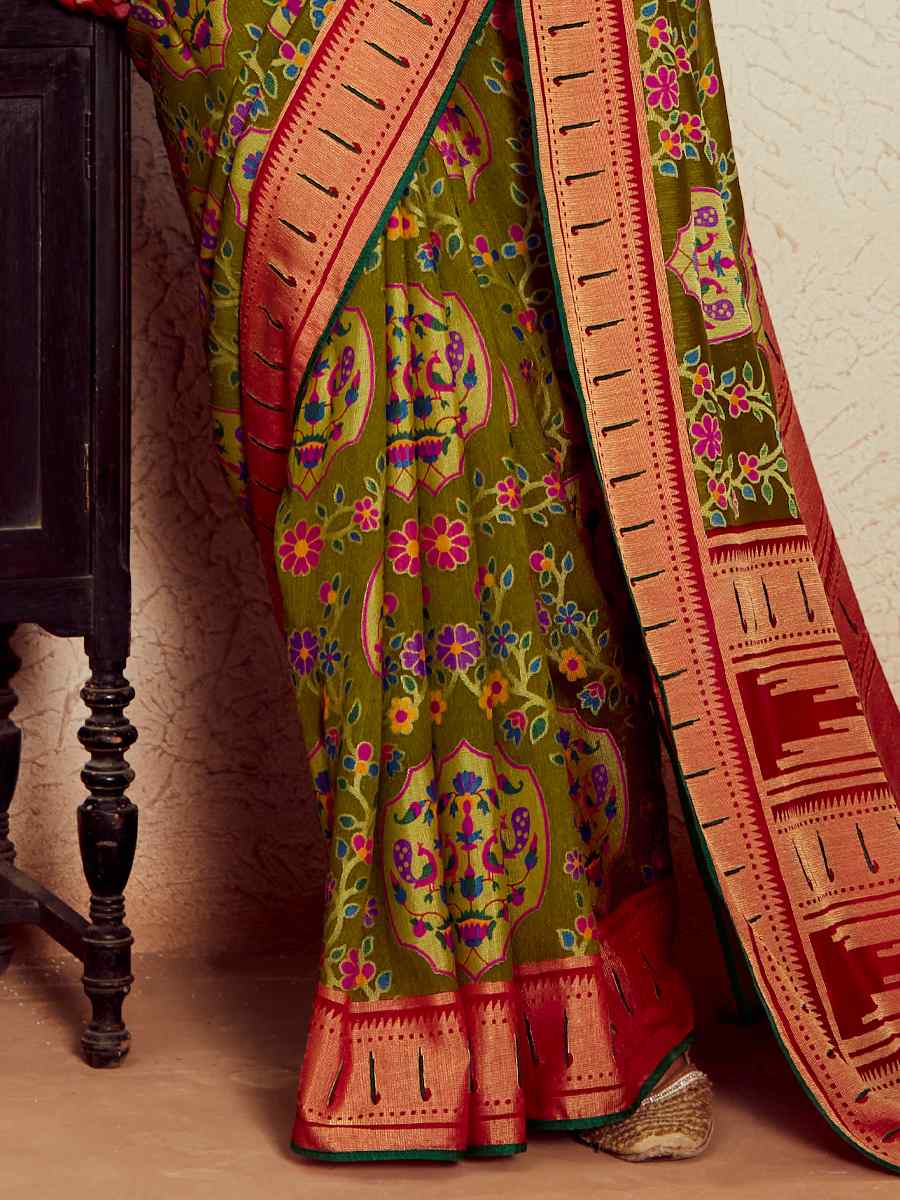 Mehandi Soft Brasso Embroidered Festival Wedding Heavy Border Saree