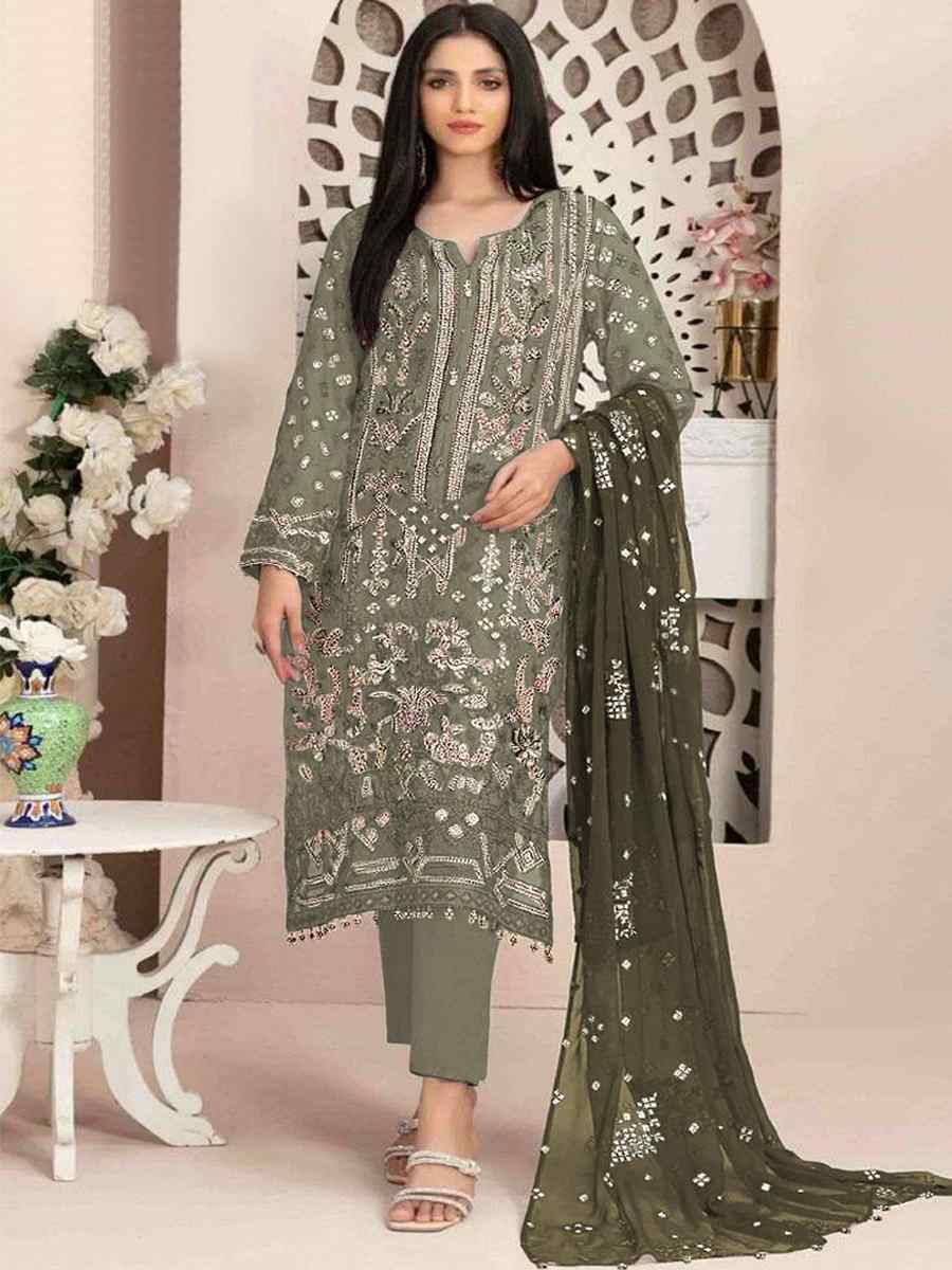 Mehendi Faux Georgette Embroidered Festival Casual Pant Salwar Kameez