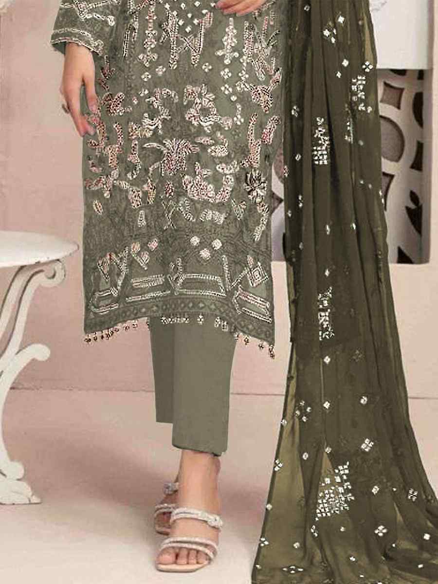 Mehendi Faux Georgette Embroidered Festival Casual Pant Salwar Kameez