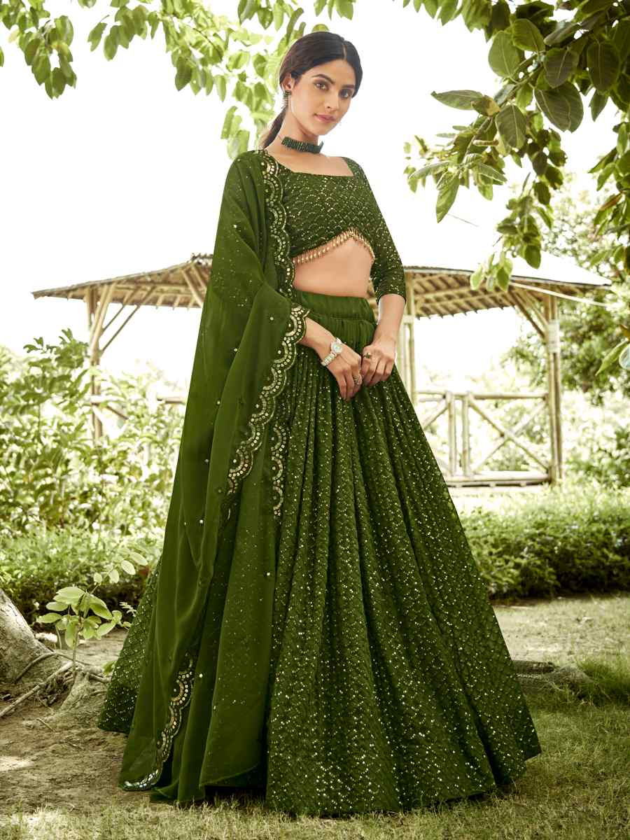 Mehendi Georgette Embroidered Wedding Party Wear Heavy Border Lehenga Choli