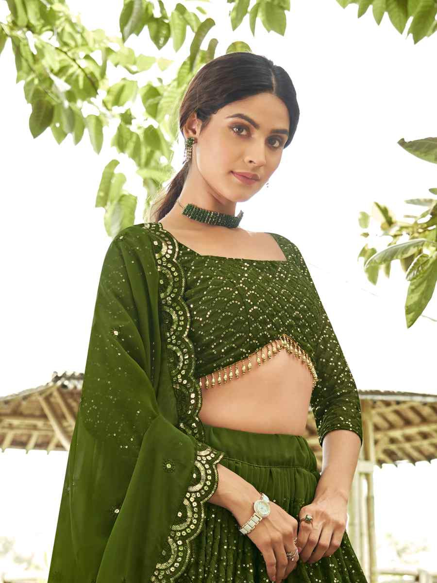 Mehendi Georgette Embroidered Wedding Party Wear Heavy Border Lehenga Choli