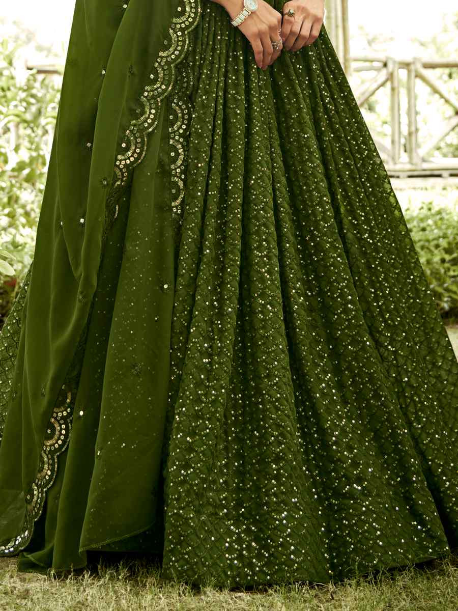 Mehendi Georgette Embroidered Wedding Party Wear Heavy Border Lehenga Choli