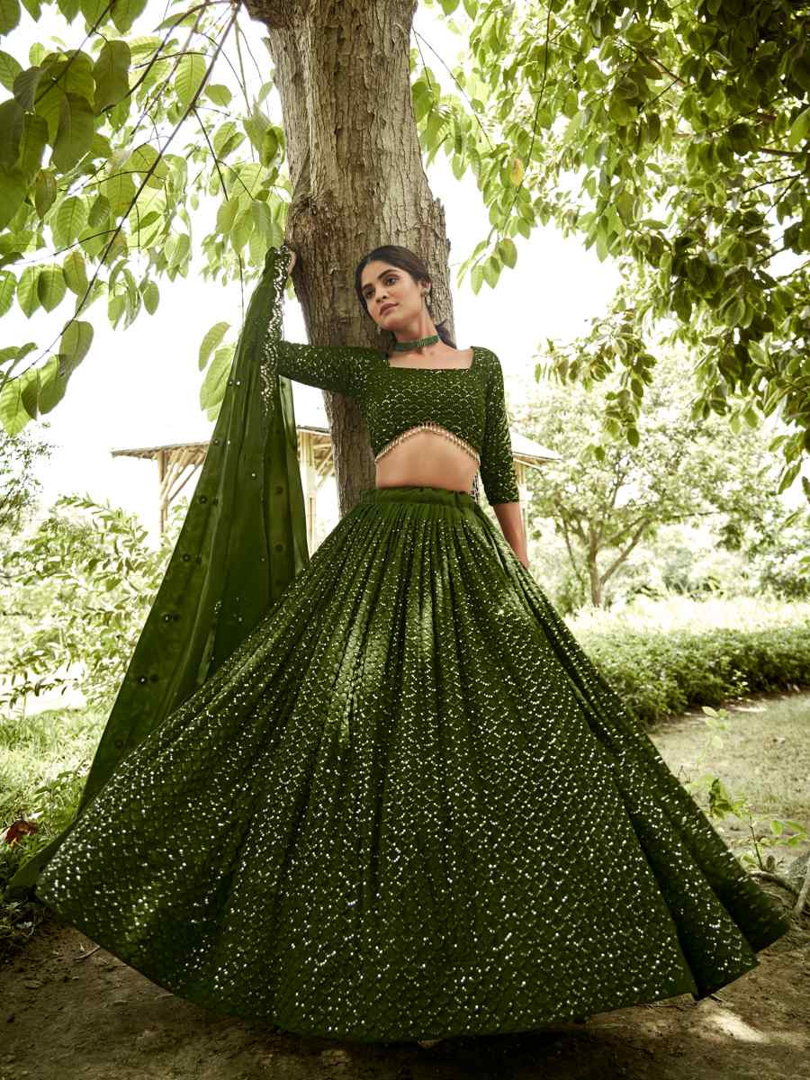 Mehendi Georgette Embroidered Wedding Party Wear Heavy Border Lehenga Choli