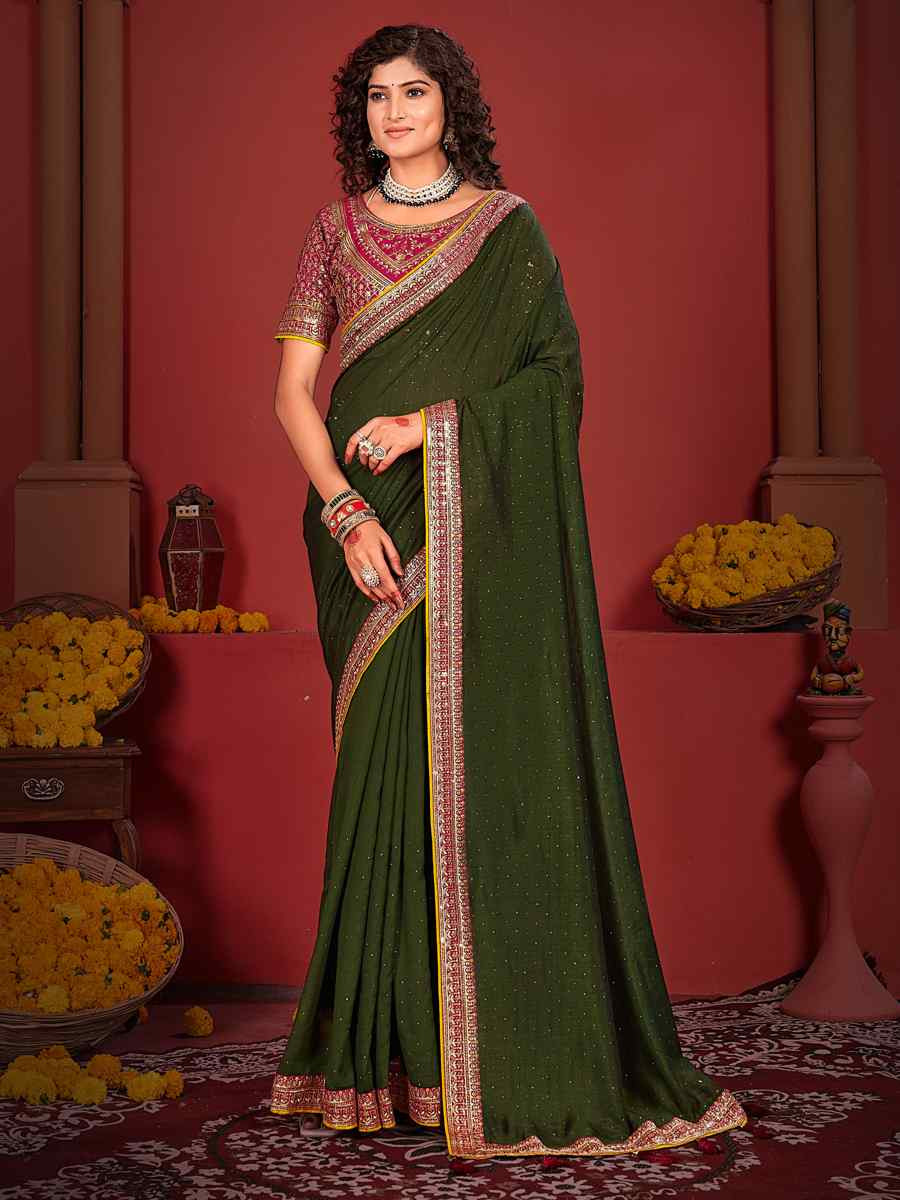 Mehendi Green Art Silk Embroidered Festival Wedding Heavy Border Saree