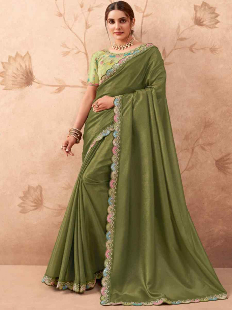 Mehendi Green Art Silk Embroidered Festival Wedding Heavy Border Saree