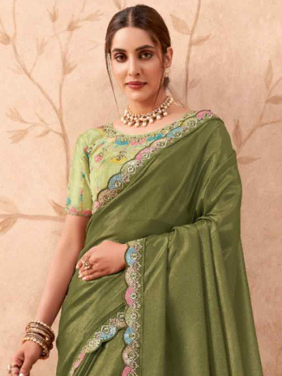 Mehendi Green Art Silk Embroidered Festival Wedding Heavy Border Saree