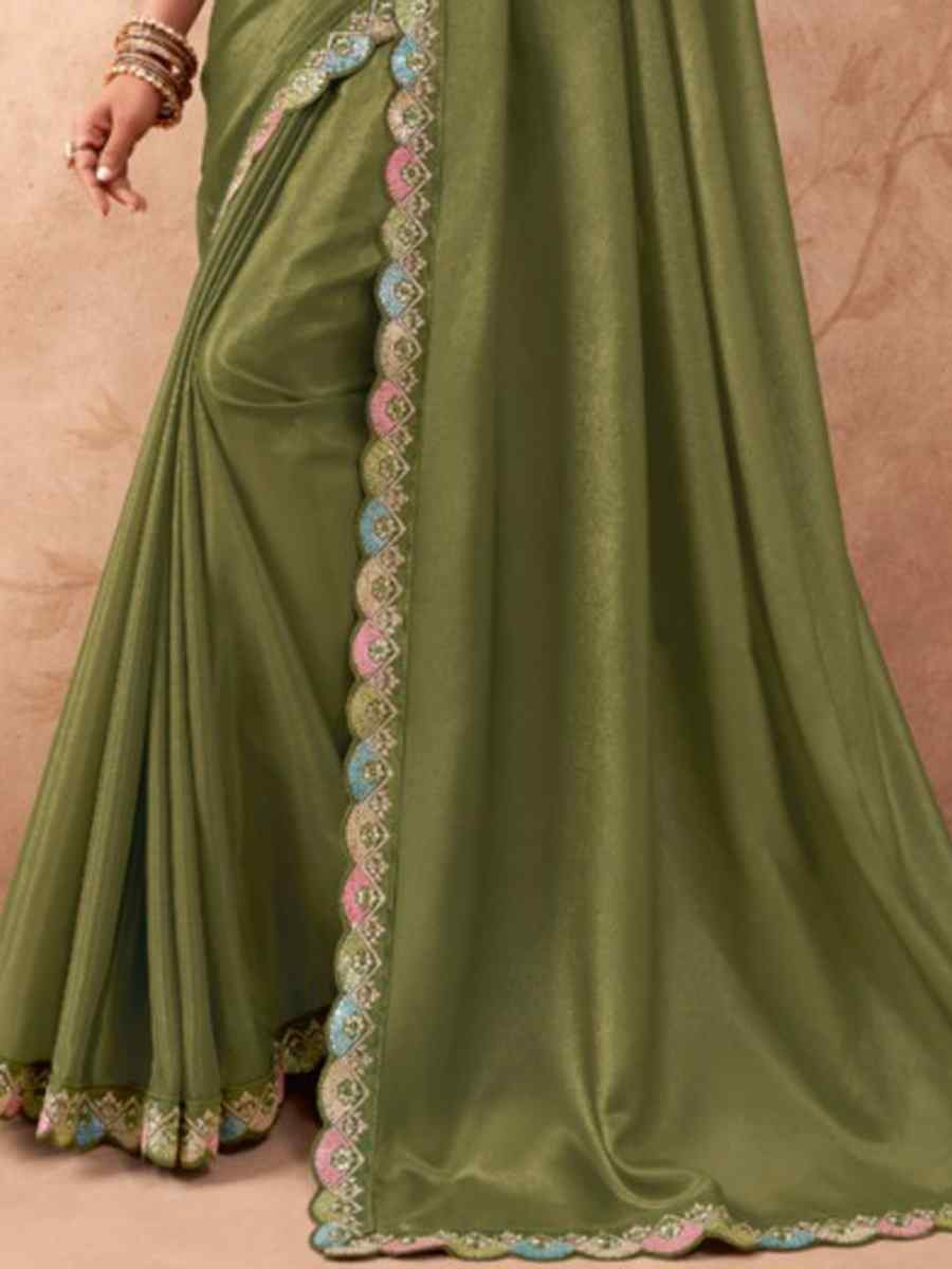 Mehendi Green Art Silk Embroidered Festival Wedding Heavy Border Saree