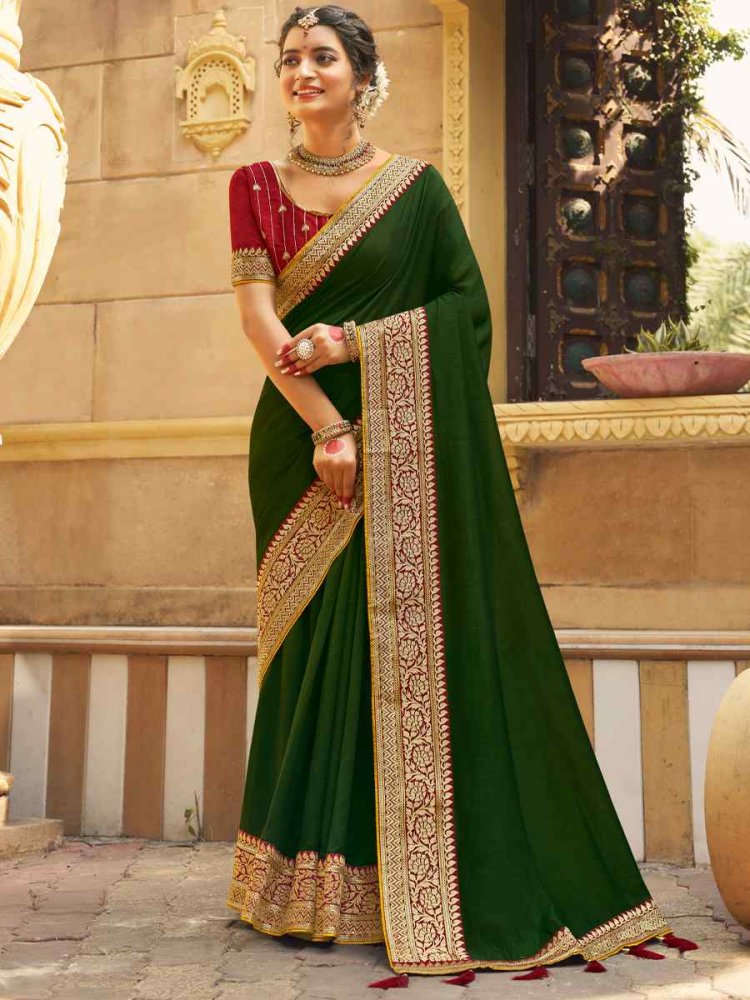 Mehendi Green Banglory Silk Embroidered Wedding Festival Heavy Border Saree