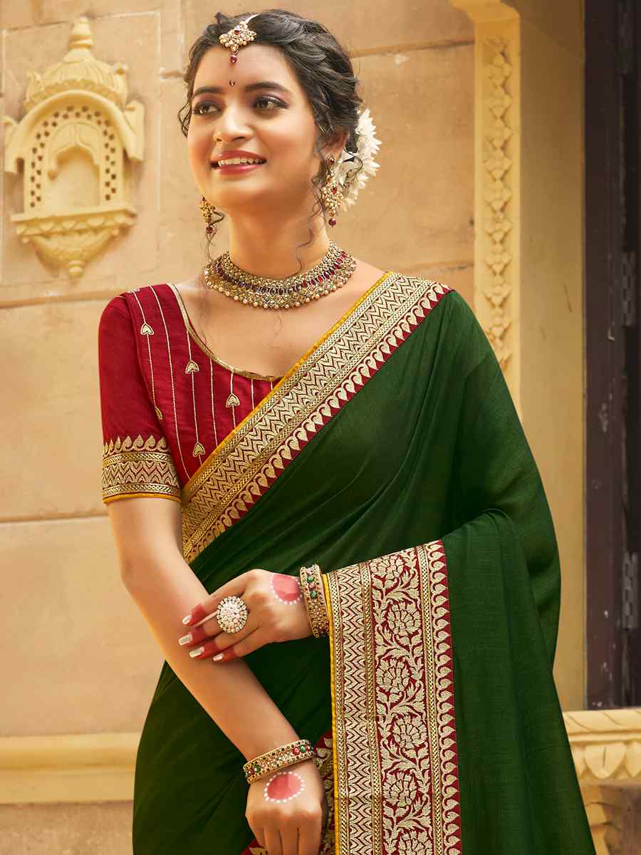 Mehendi Green Banglory Silk Embroidered Wedding Festival Heavy Border Saree