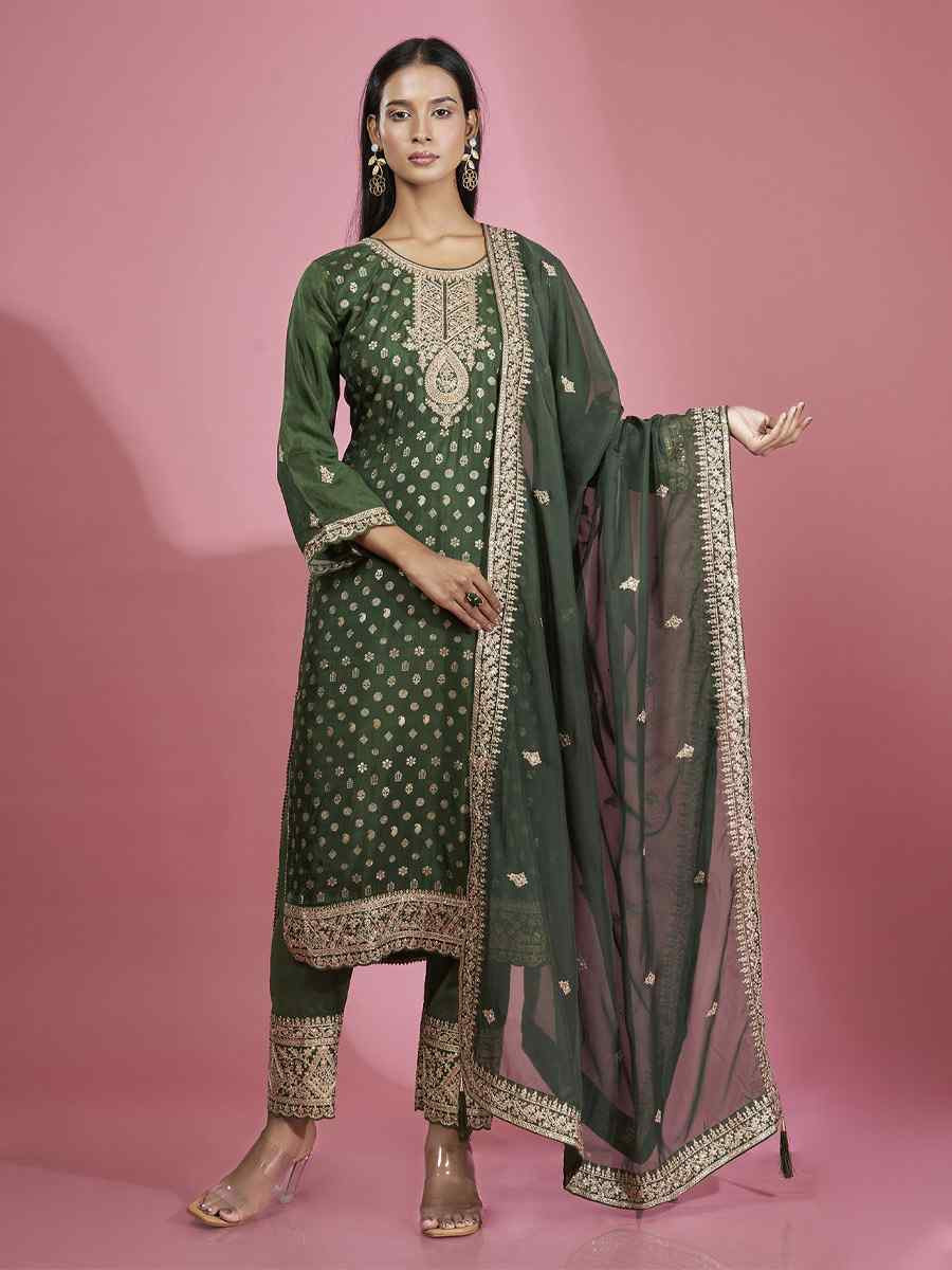 Mehendi Green Dola Silk Embroidered Festival Casual Ready Pant Salwar Kameez