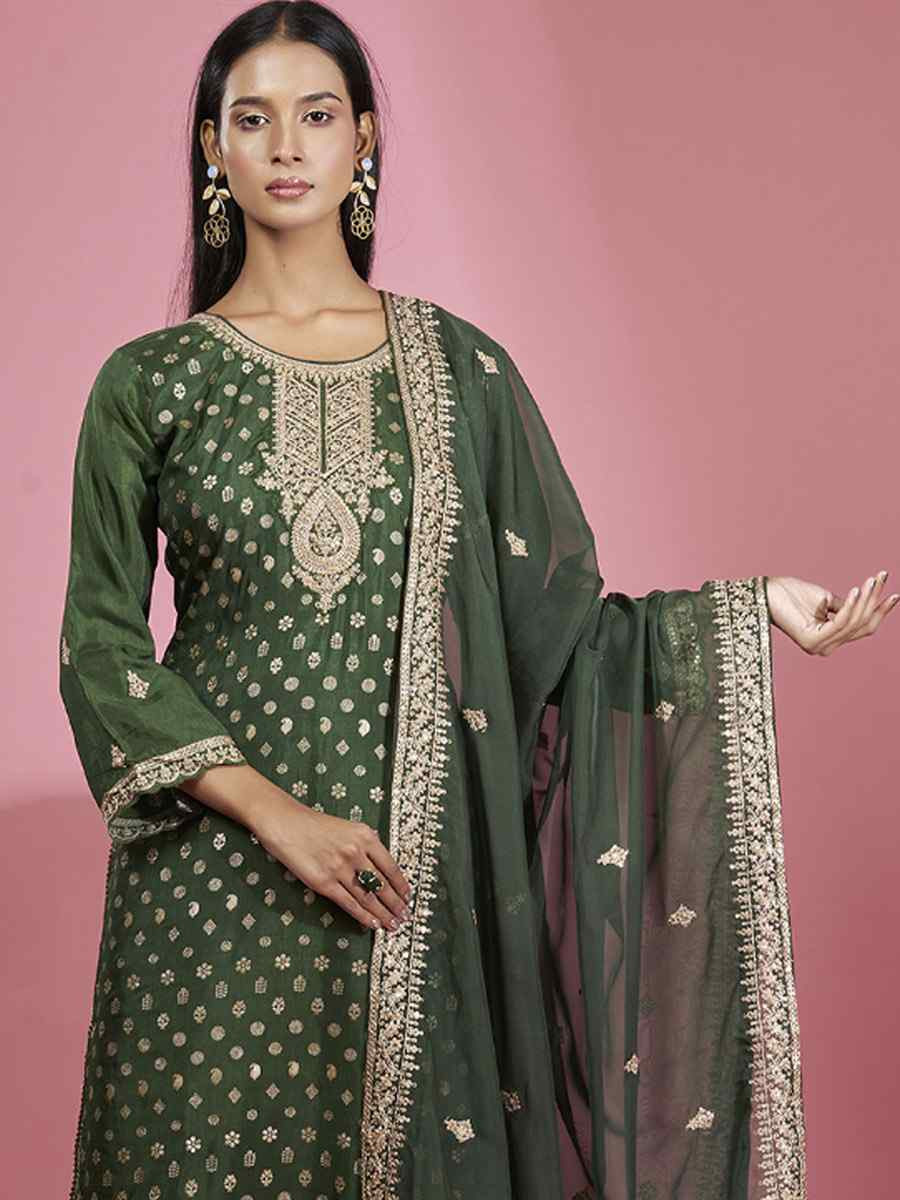 Mehendi Green Dola Silk Embroidered Festival Casual Ready Pant Salwar Kameez