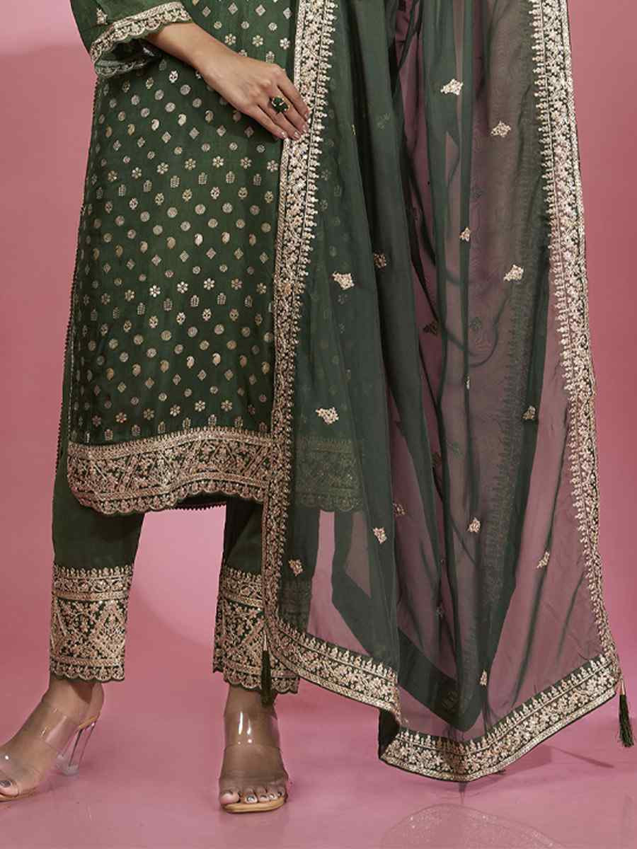 Mehendi Green Dola Silk Embroidered Festival Casual Ready Pant Salwar Kameez