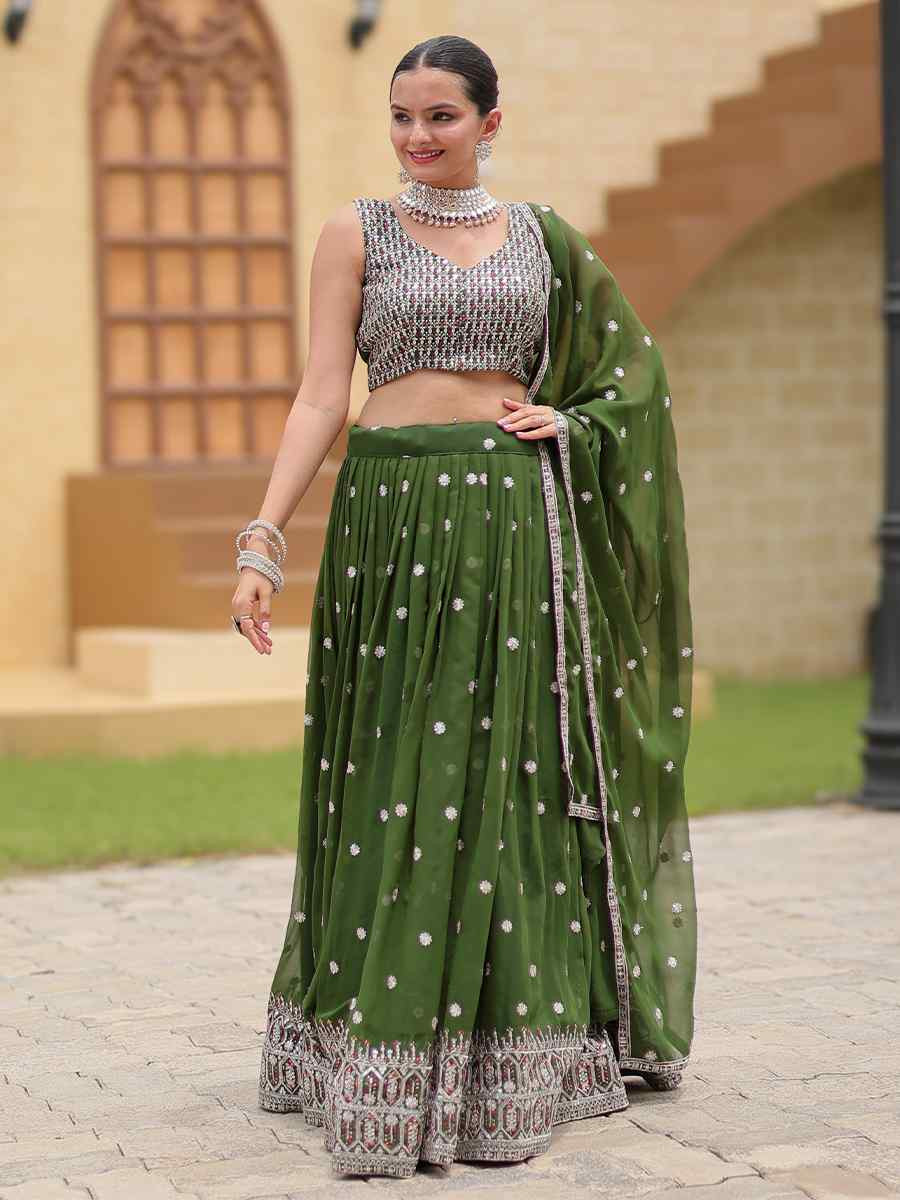 Mehendi Green Faux Georgette Embroidered Bridesmaid Wedding Heavy Border Lehenga Choli