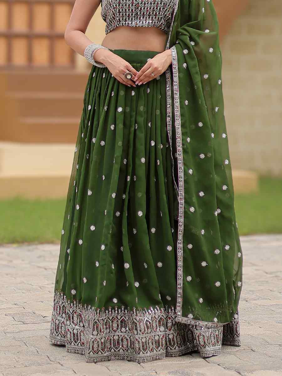 Mehendi Green Faux Georgette Embroidered Bridesmaid Wedding Heavy Border Lehenga Choli