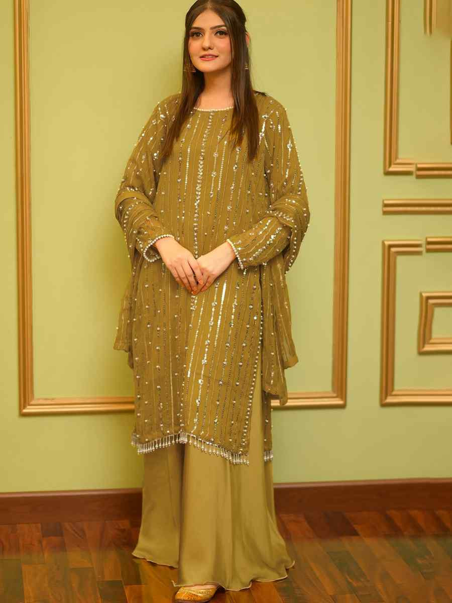 Mehendi Green Faux Georgette Embroidered Festival Wedding Palazzo Pant Ready Salwar Kameez