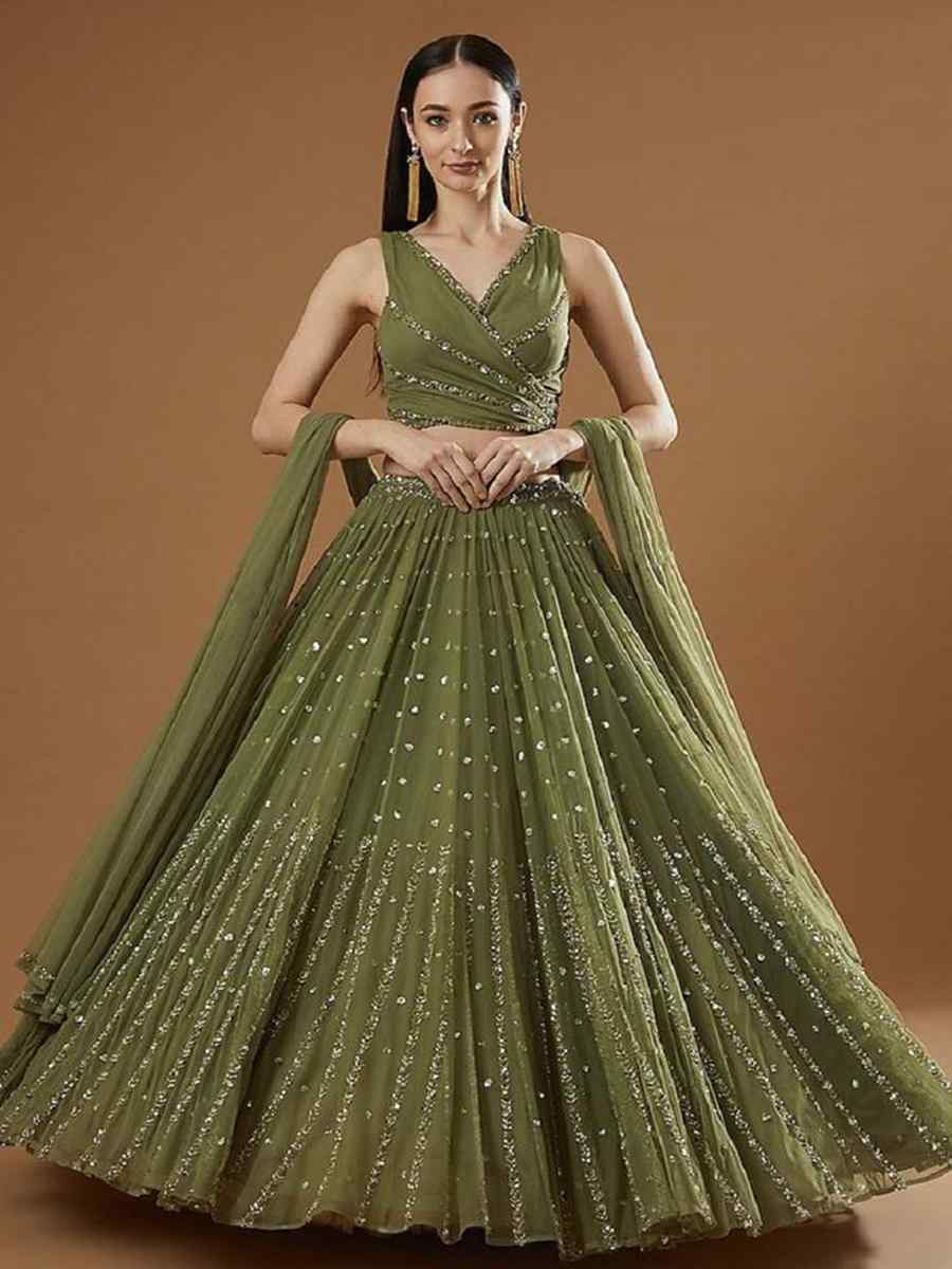 Mehendi Green Georgette Embroidered Wedding Festival Heavy Border Lehenga Choli