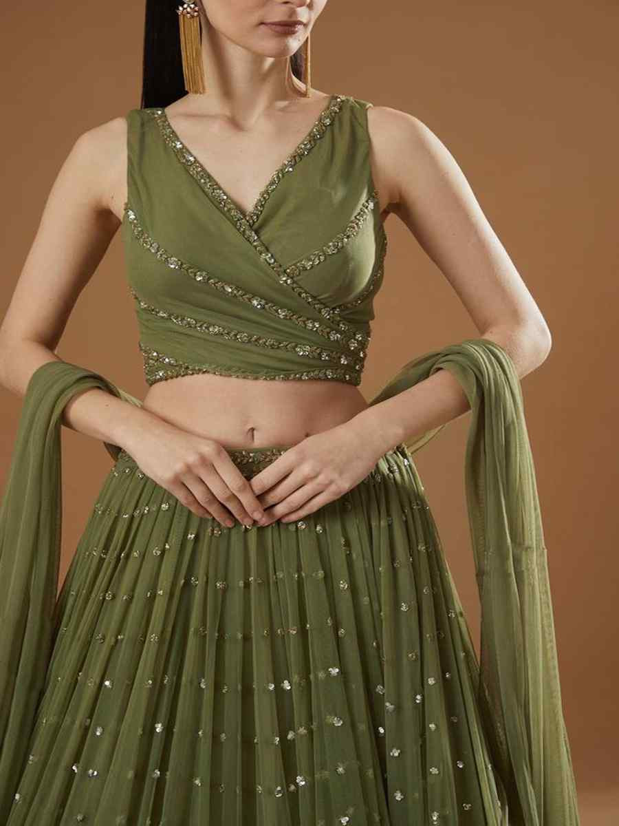 Mehendi Green Georgette Embroidered Wedding Festival Heavy Border Lehenga Choli