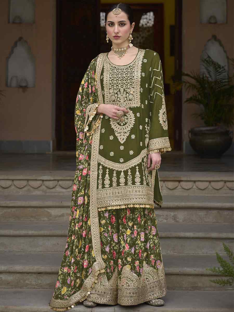 Mehendi Green Heavy Chinon Embroidered Festival Wedding Palazzo Pant Salwar Kameez