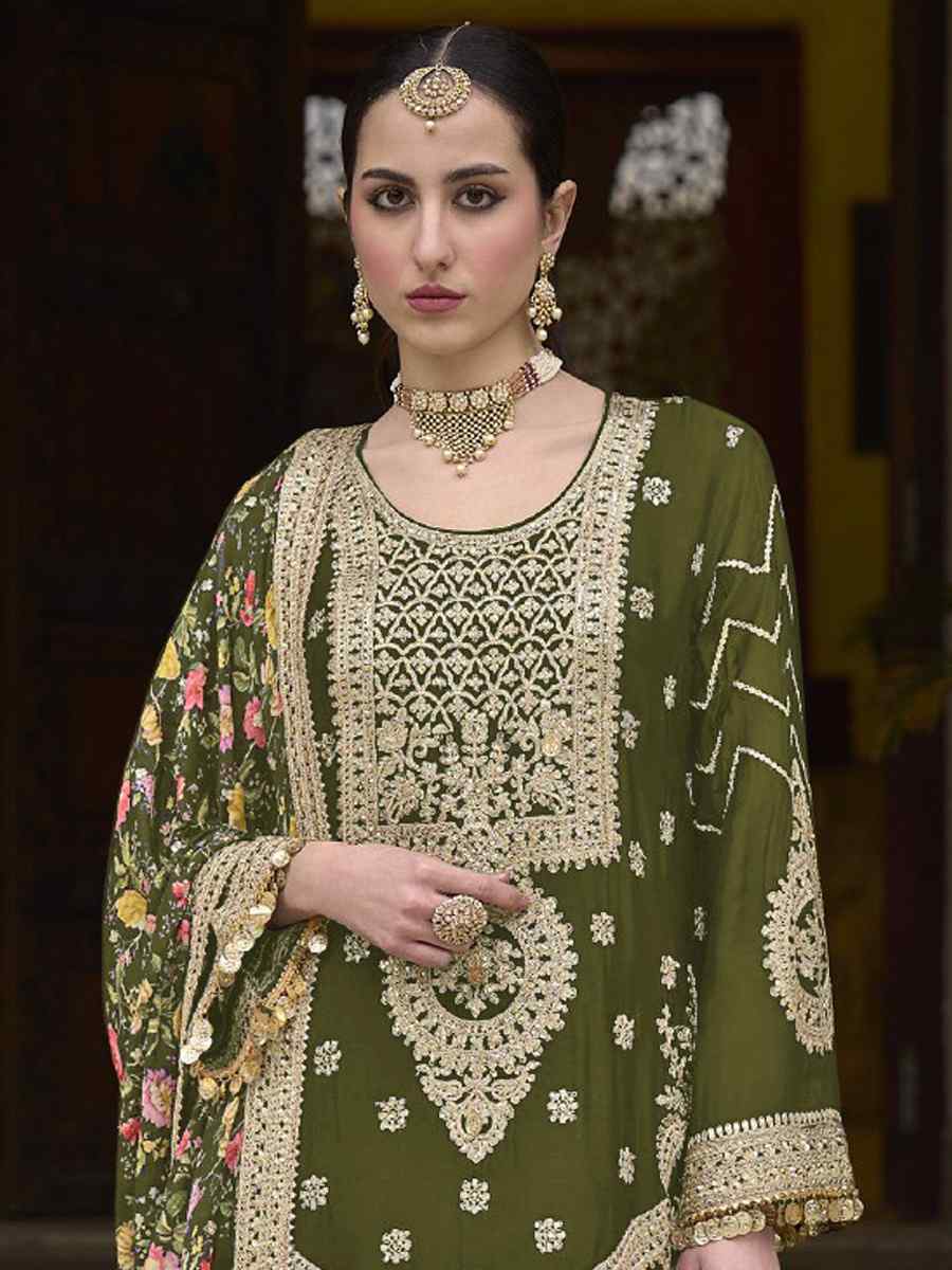 Mehendi Green Heavy Chinon Embroidered Festival Wedding Palazzo Pant Salwar Kameez