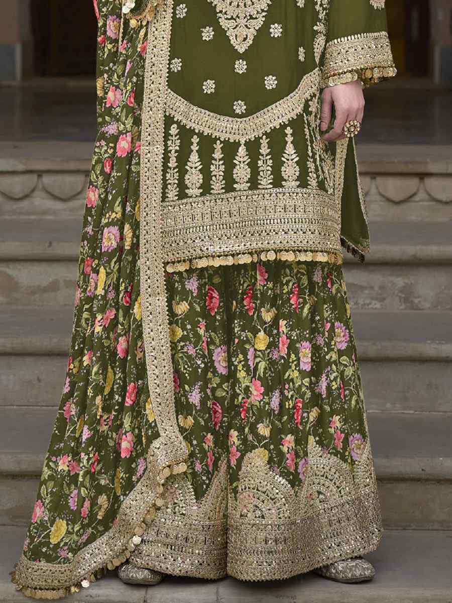 Mehendi Green Heavy Chinon Embroidered Festival Wedding Palazzo Pant Salwar Kameez