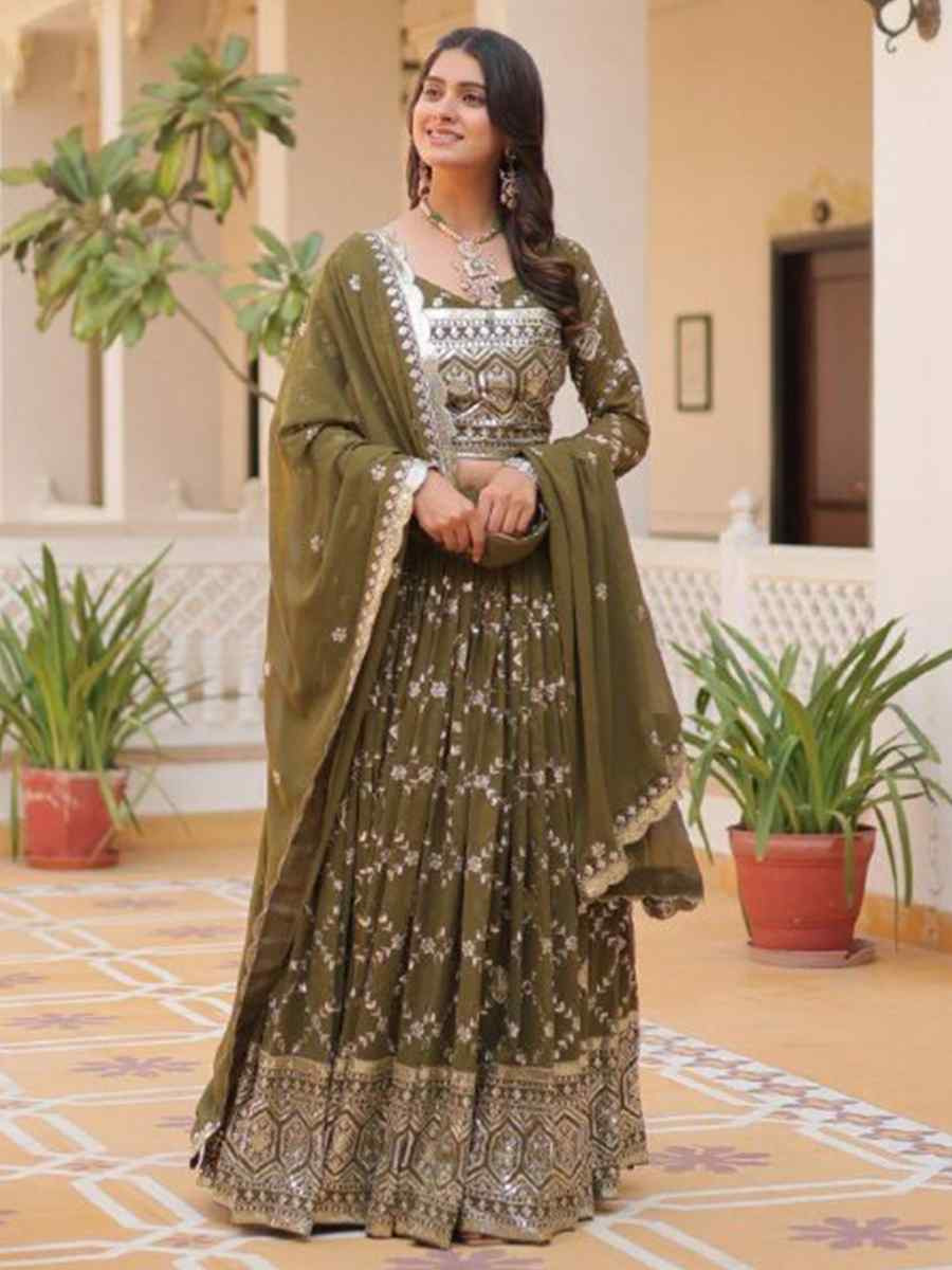 Mehendi Green Heavy Faux Georgette Embroidered Wedding Festival Heavy Border Lehenga Choli