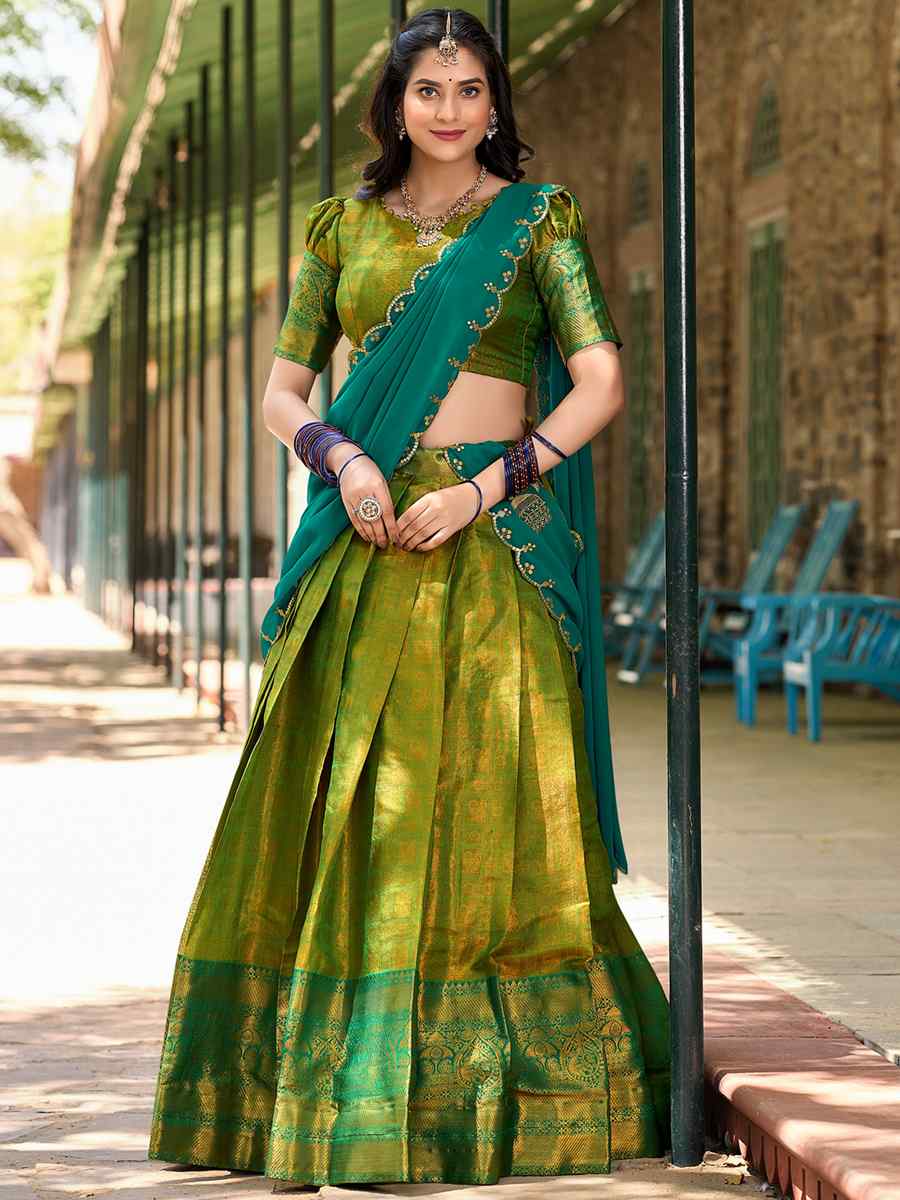 Mehendi Green Kanjivaram Embroidered Mehendi Festival Traditional Lehenga Choli