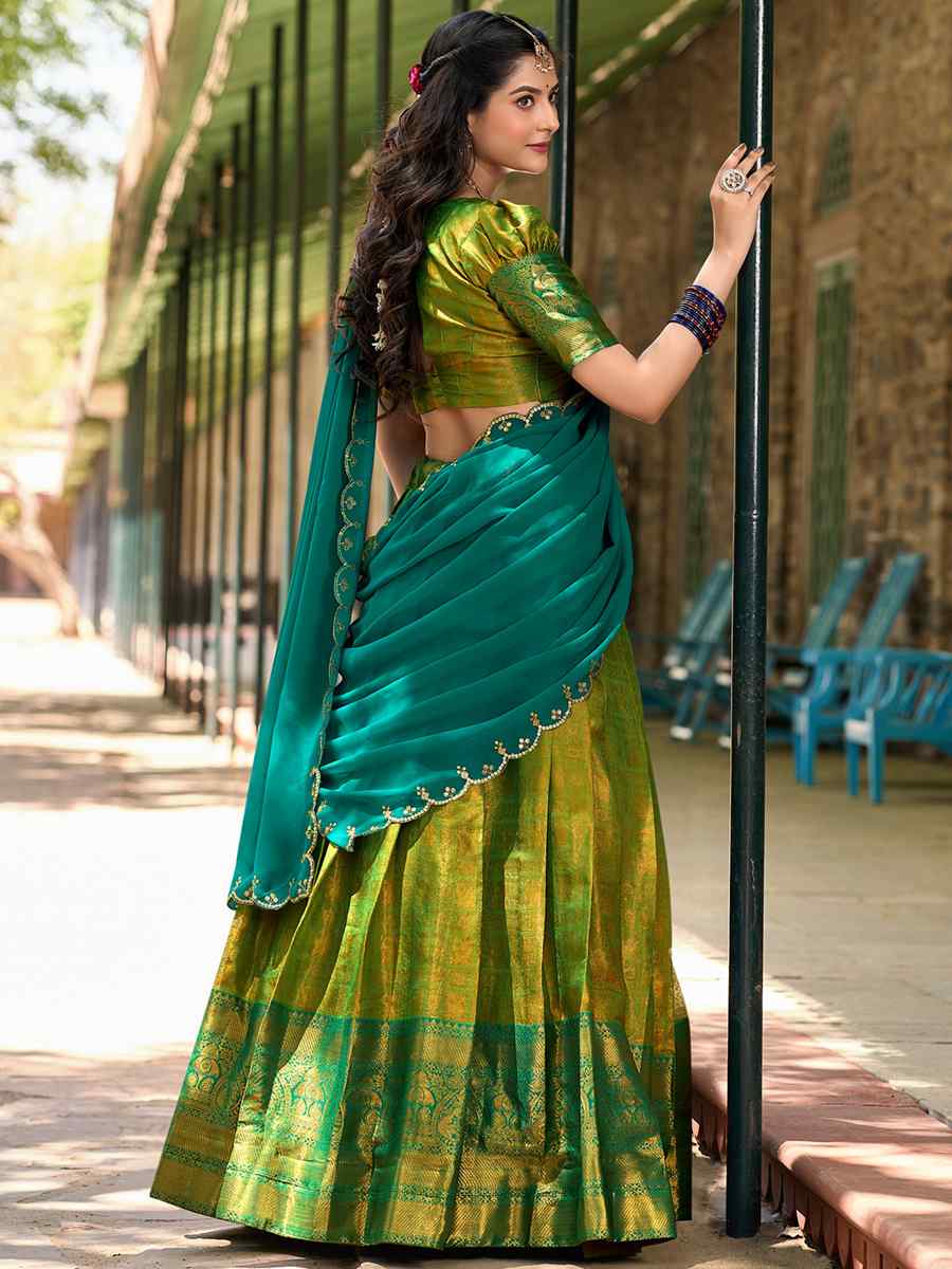 Mehendi Green Kanjivaram Embroidered Mehendi Festival Traditional Lehenga Choli