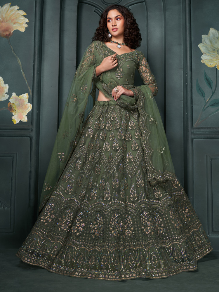 Mehendi Green Net Embroidered Bridesmaid Wedding Heavy Border Lehenga Choli