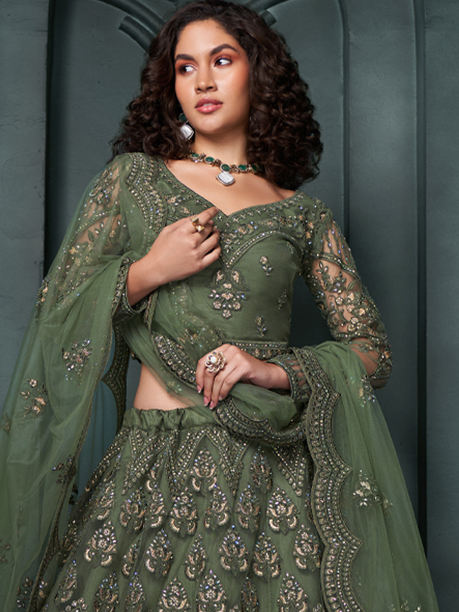 Mehendi Green Net Embroidered Bridesmaid Wedding Heavy Border Lehenga Choli