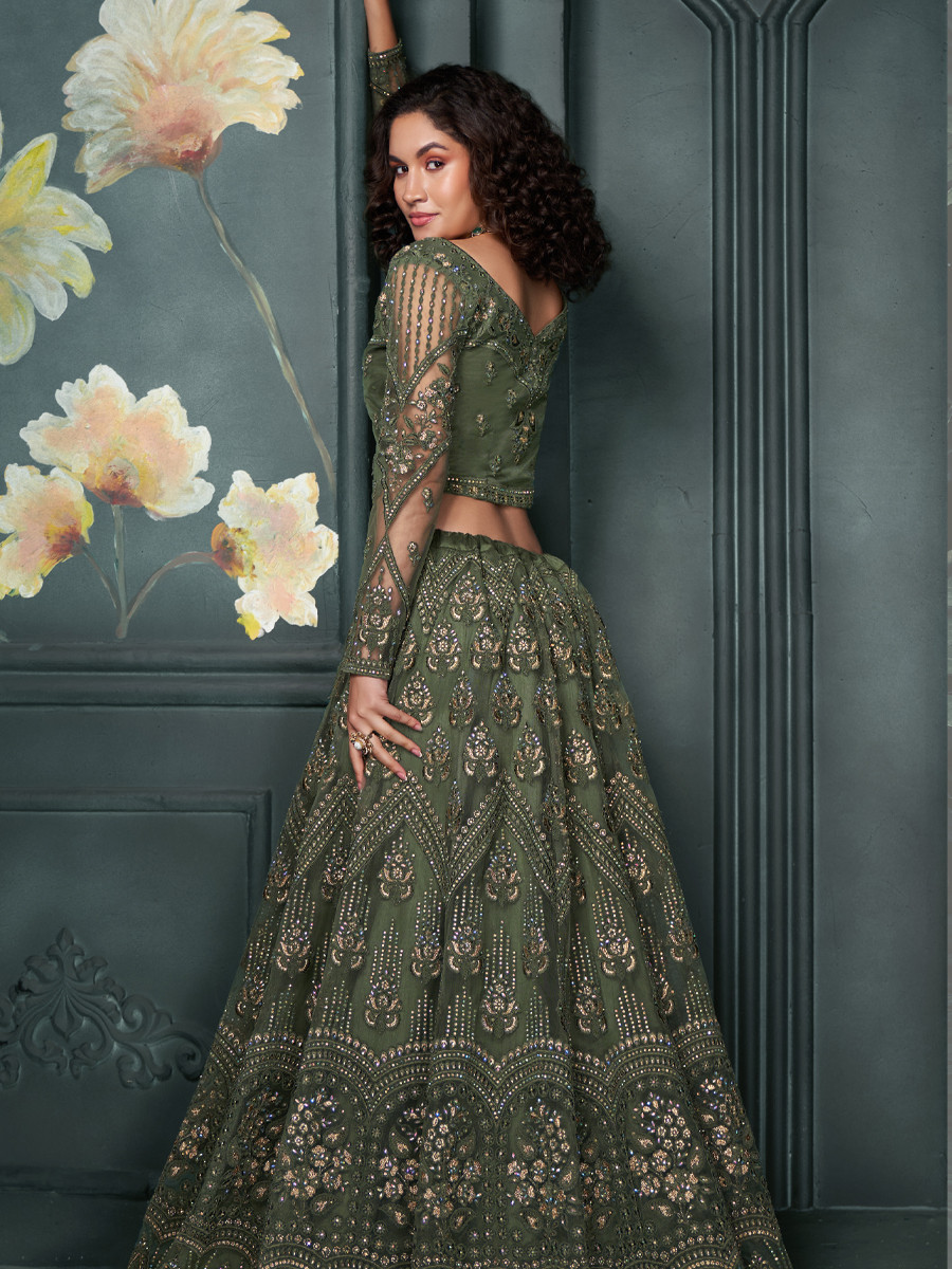 Mehendi Green Net Embroidered Bridesmaid Wedding Heavy Border Lehenga Choli