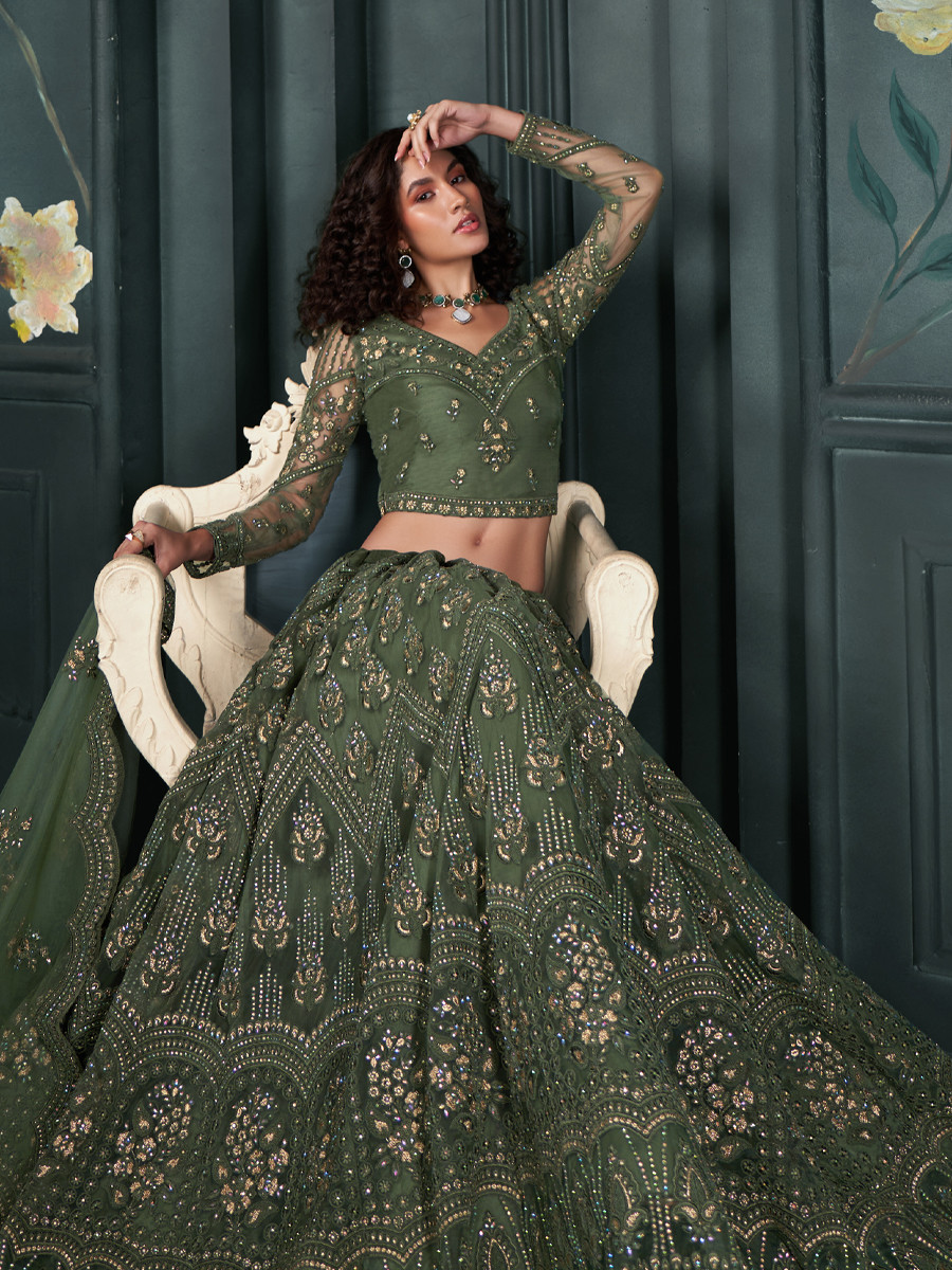 Mehendi Green Net Embroidered Bridesmaid Wedding Heavy Border Lehenga Choli