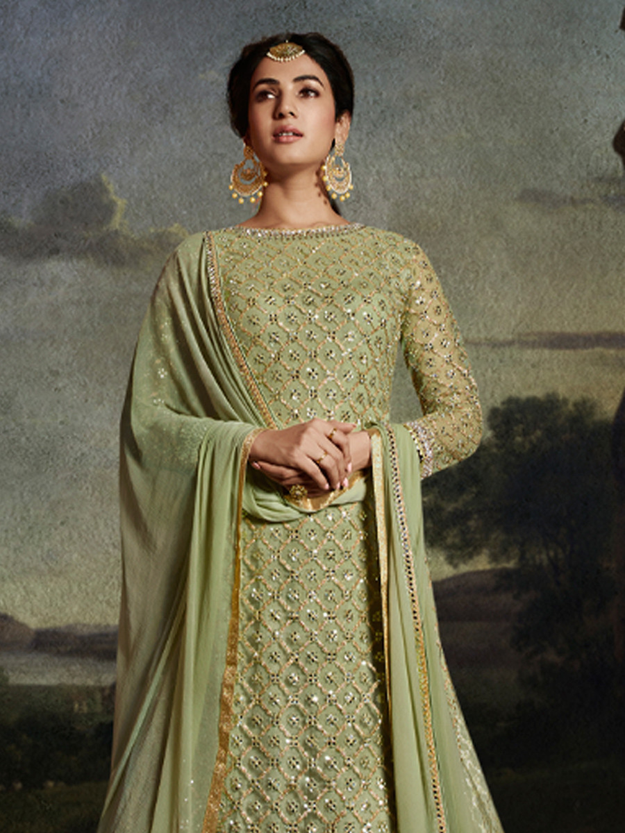 Mehendi Green Net Embroidered Festival Wedding Sharara Pant Salwar Kameez