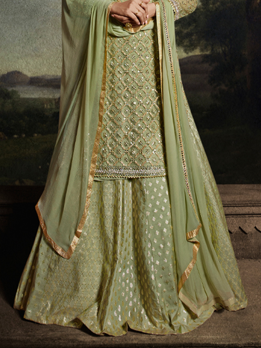 Mehendi Green Net Embroidered Festival Wedding Sharara Pant Salwar Kameez