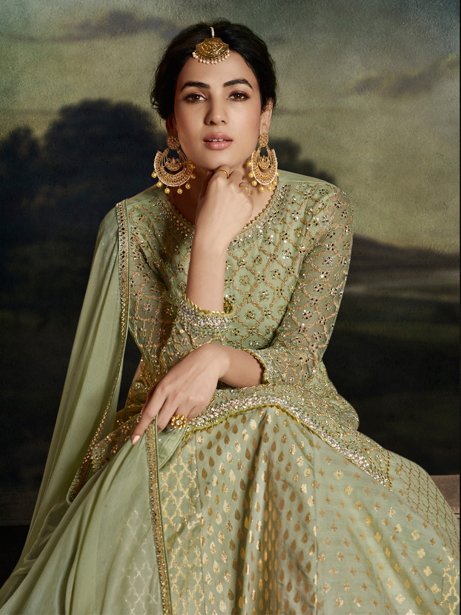 Mehendi Green Net Embroidered Festival Wedding Sharara Pant Salwar Kameez