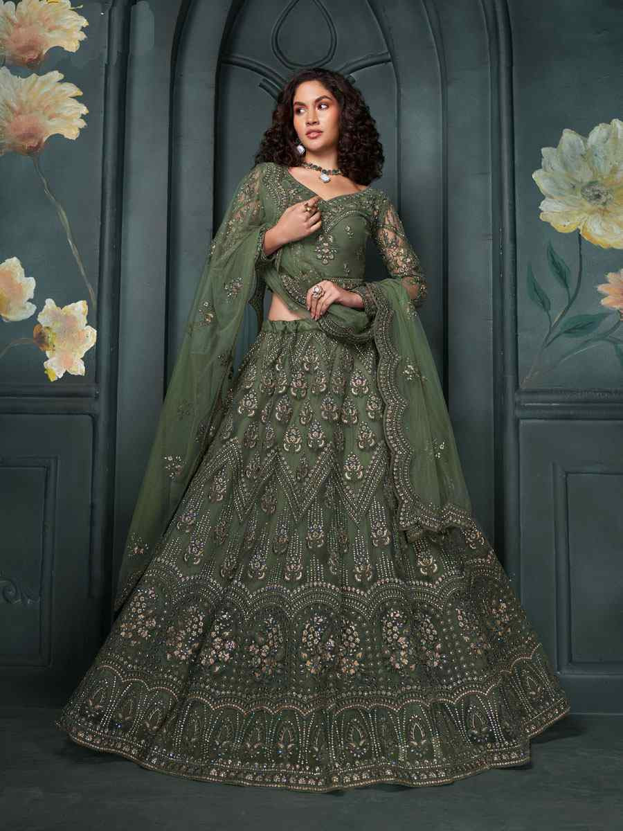 Mehendi Green Net Embroidered Wedding Festival Heavy Border Lehenga Choli