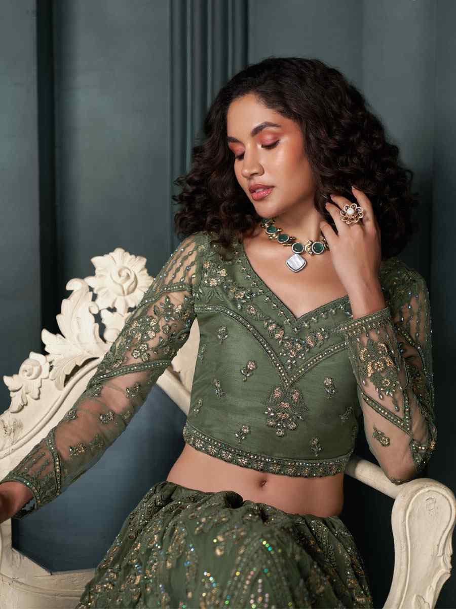 Mehendi Green Net Embroidered Wedding Festival Heavy Border Lehenga Choli