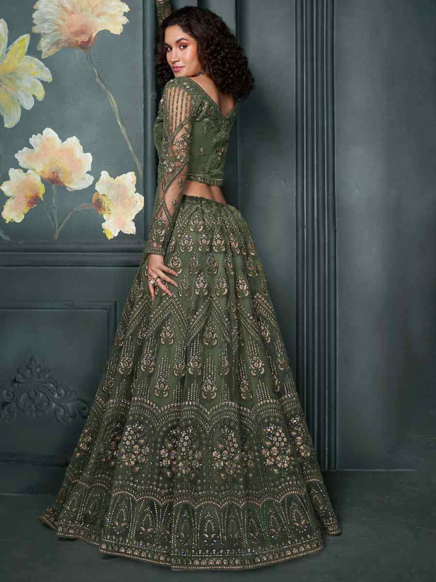 Mehendi Green Net Embroidered Wedding Festival Heavy Border Lehenga Choli