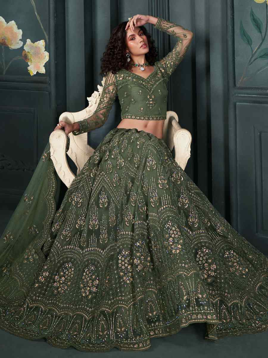 Mehendi Green Net Embroidered Wedding Festival Heavy Border Lehenga Choli