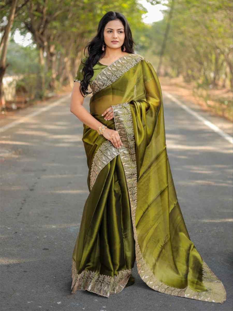 Mehendi Green Pure Soft Burberry Silk Embroidered Festival Wedding Heavy Border Saree