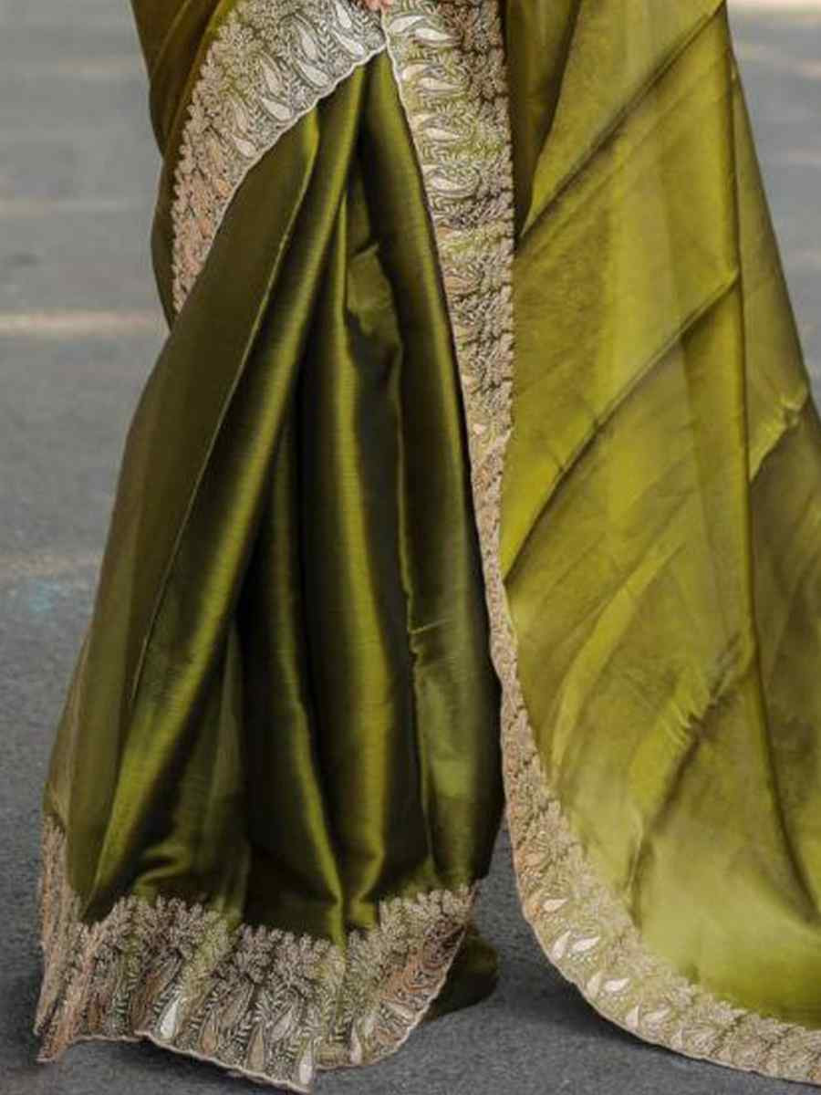 Mehendi Green Pure Soft Burberry Silk Embroidered Festival Wedding Heavy Border Saree