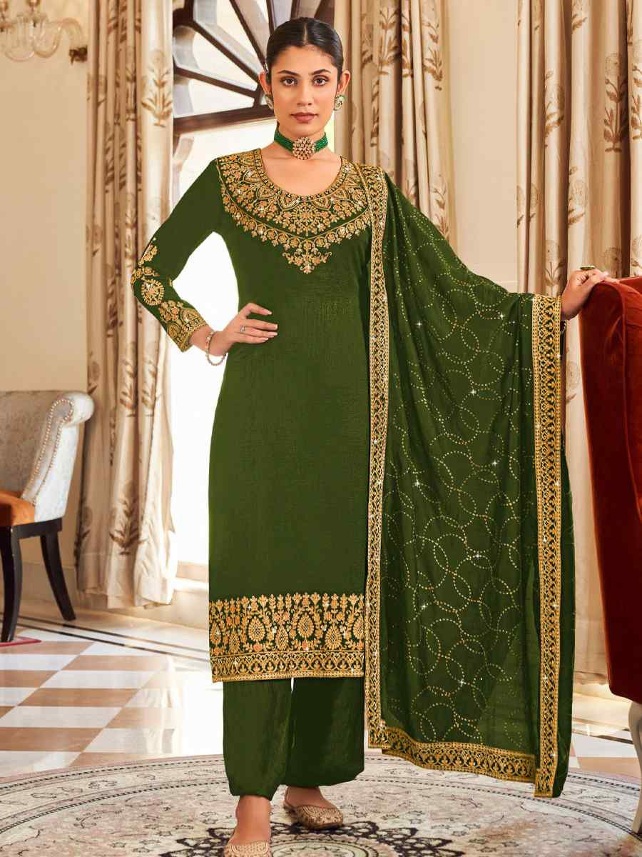 Mehendi Green Pure Vichitra Embroidered Festival Wedding Pant Salwar Kameez