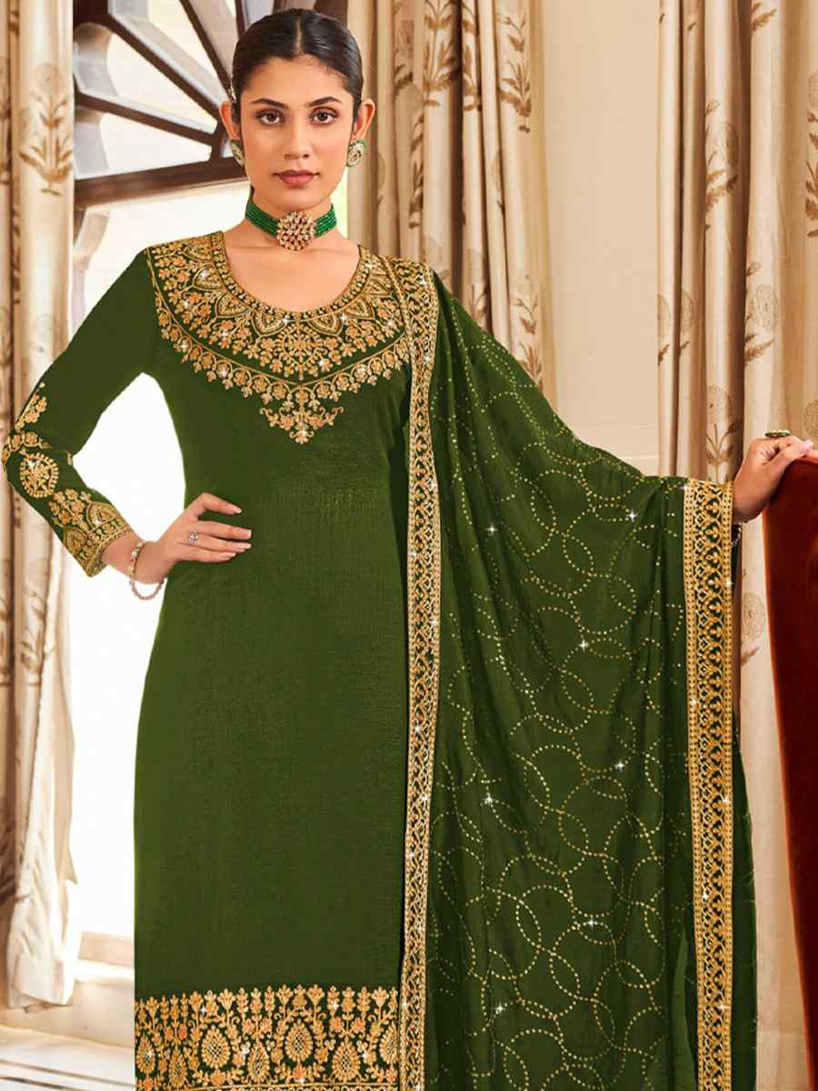 Mehendi Green Pure Vichitra Embroidered Festival Wedding Pant Salwar Kameez