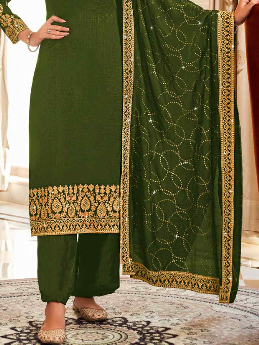 Mehendi Green Pure Vichitra Embroidered Festival Wedding Pant Salwar Kameez